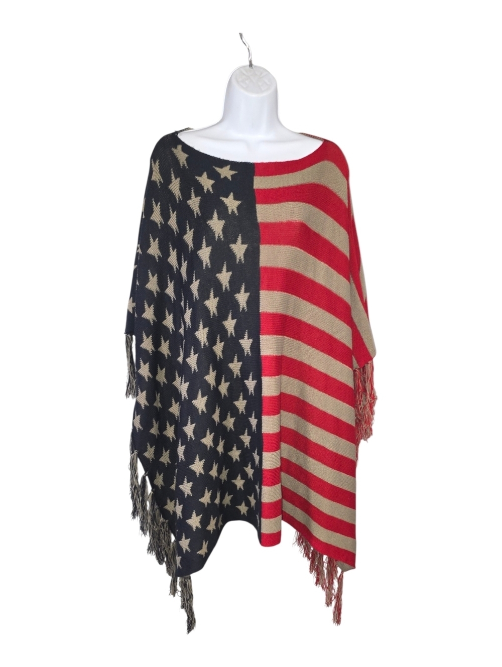 American Flag Knit Fringe Poncho